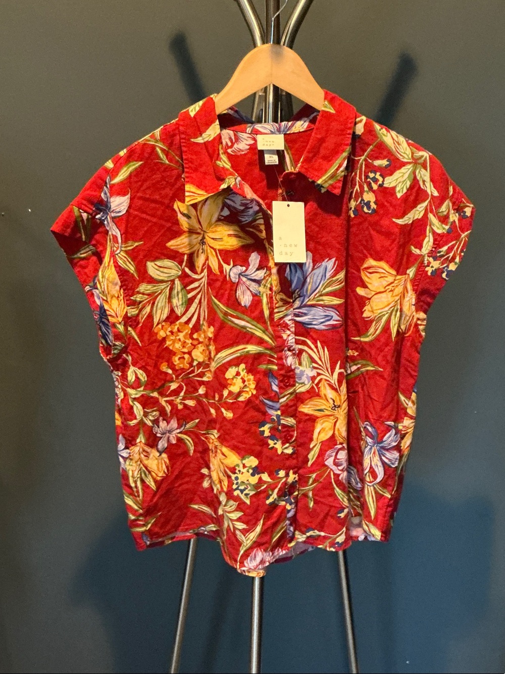 Red Floral Button-Up Top